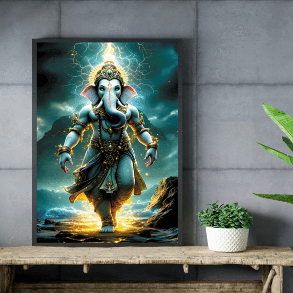 Powerful depiction of Lord Ganesha walking through lightning and glowing divine energy in a dramatic canvas wall art print