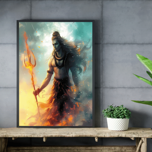 Fiery Lord Shiva canvas wall art with glowing Trishul and stormy aura