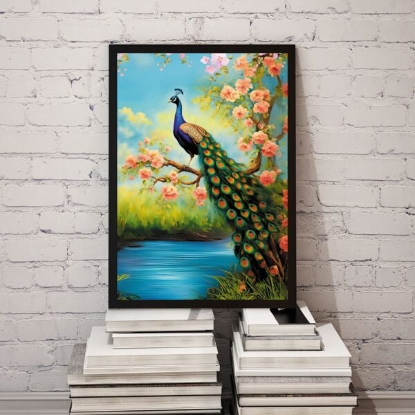Majestic Peacock framed wall art print with pink cherry blossoms and a lake background in beige frame