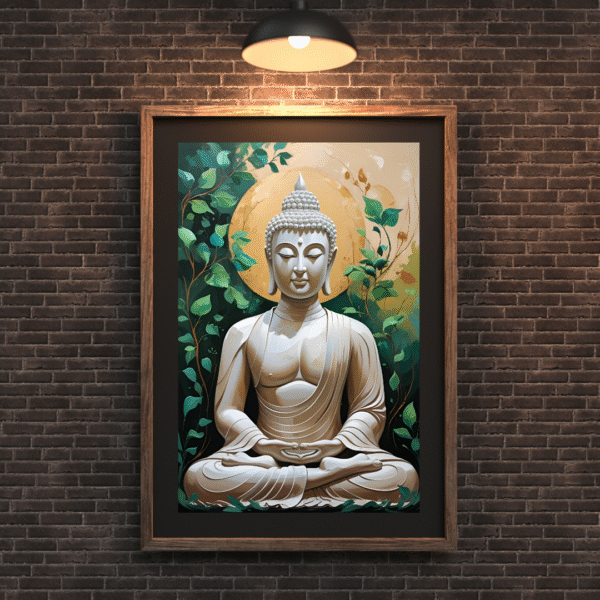 Buddha Canvas Wall Art – White Meditating Buddha with Golden Halo and Green Foliage | Unframed Rolled Spiritual Print - Image 3
