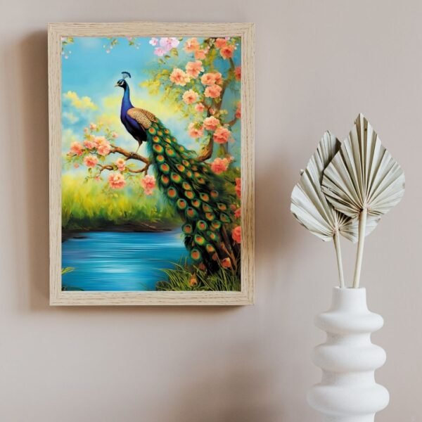 Majestic Peacock in Spring Garden – A4 Vastu Wall Art Print with Floral Blossoms | Framed Nature-Inspired Home Décor (Black & Beige Frame Options) - Image 3