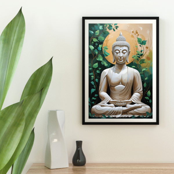 Buddha Canvas Wall Art – White Meditating Buddha with Golden Halo and Green Foliage | Unframed Rolled Spiritual Print - Image 4