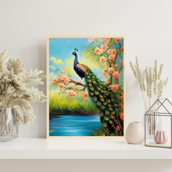 Majestic Peacock in Spring Garden – A4 Vastu Wall Art Print with Floral Blossoms | Framed Nature-Inspired Home Décor (Black & Beige Frame Options) - Image 4