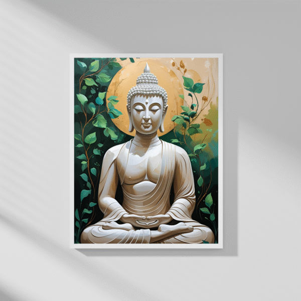 Buddha Canvas Wall Art – White Meditating Buddha with Golden Halo and Green Foliage | Unframed Rolled Spiritual Print - Image 6