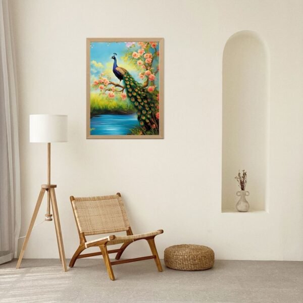 Majestic Peacock in Spring Garden – A4 Vastu Wall Art Print with Floral Blossoms | Framed Nature-Inspired Home Décor (Black & Beige Frame Options) - Image 6