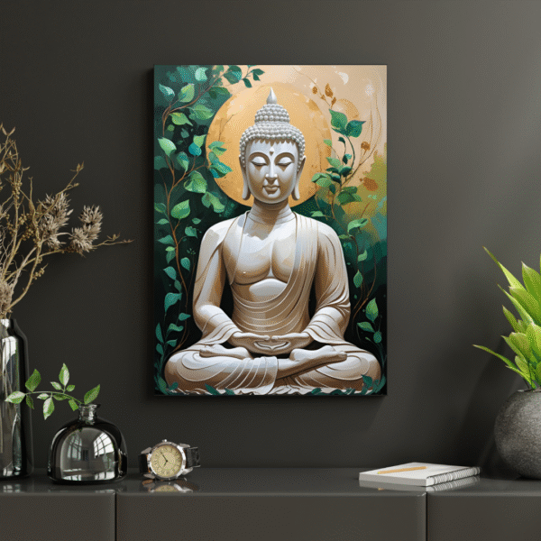 Buddha canvas wall art with white meditating Buddha, golden halo, and green foliage background