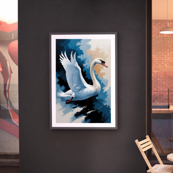 Elegant white swan flying across a moody blue abstract sky – modern unframed canvas wall art print.