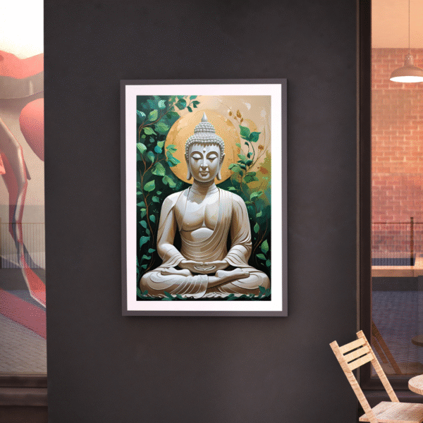 Buddha Canvas Wall Art – White Meditating Buddha with Golden Halo and Green Foliage | Unframed Rolled Spiritual Print - Image 7