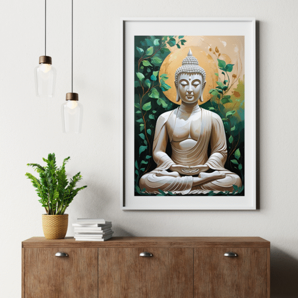 Buddha Canvas Wall Art – White Meditating Buddha with Golden Halo and Green Foliage | Unframed Rolled Spiritual Print - Image 8