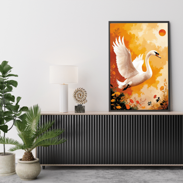 Ember Flight - Graceful Swan Wall Art Print, Golden Sunset Floral Canvas | Unframed Modern Nature Canvas Print for Living Room, Bedroom, or Office - Image 3