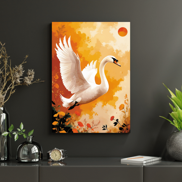 Elegant white swan in flight over golden floral sunset – unframed canvas wall art print