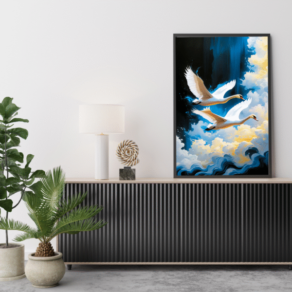 Wings of Tranquility – Swan Canvas Wall Art Print | Soaring White Swans Over Clouds | Unframed Nature-Inspired Canvas Print - Image 2