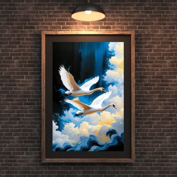 Wings of Tranquility – Swan Canvas Wall Art Print | Soaring White Swans Over Clouds | Unframed Nature-Inspired Canvas Print - Image 3