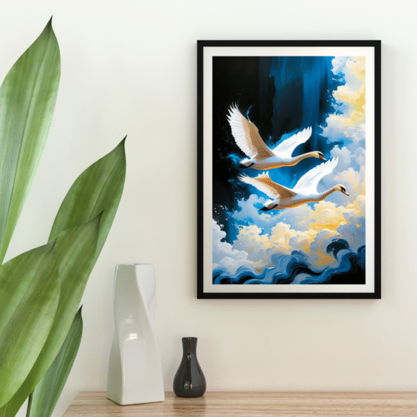Wings of Tranquility – Swan Canvas Wall Art Print | Soaring White Swans Over Clouds | Unframed Nature-Inspired Canvas Print - Image 4