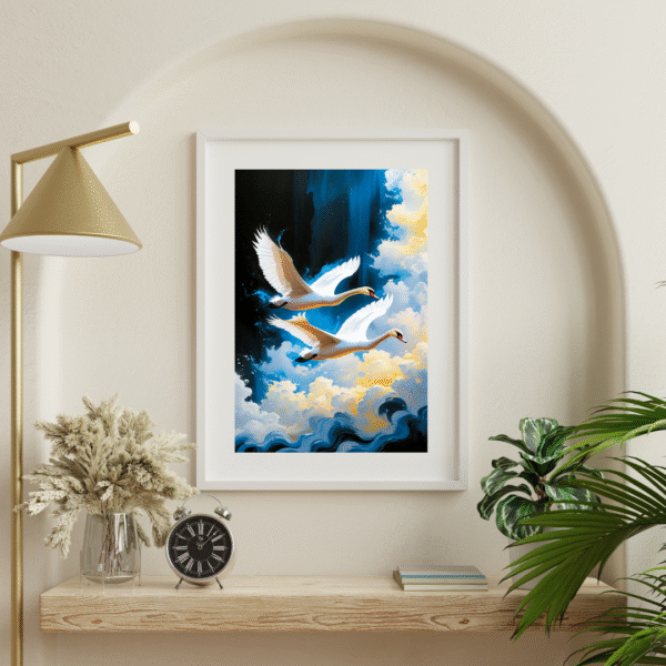 Wings of Tranquility – Swan Canvas Wall Art Print | Soaring White Swans Over Clouds | Unframed Nature-Inspired Canvas Print - Image 5