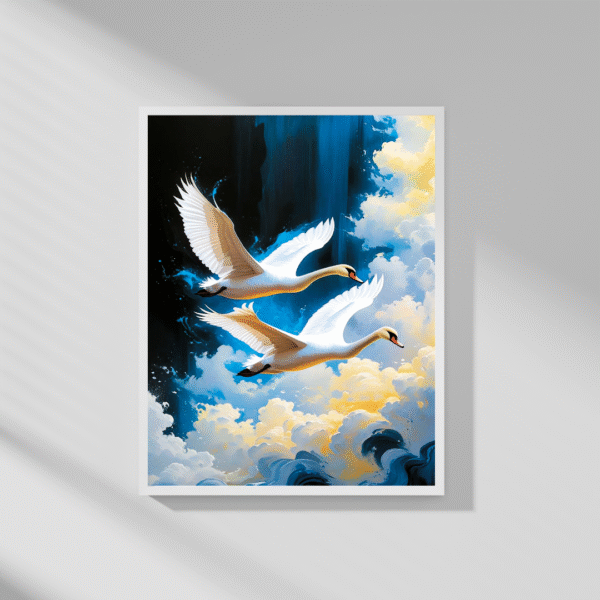 Wings of Tranquility – Swan Canvas Wall Art Print | Soaring White Swans Over Clouds | Unframed Nature-Inspired Canvas Print - Image 6