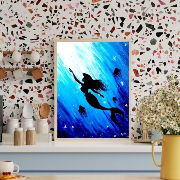 Enchanted Mermaid – A4 Framed Fantasy Wall Art Print in Dreamy Blue | Underwater Ocean Silhouette | Black & Beige Frame Options | Ready to Hang - Image 2