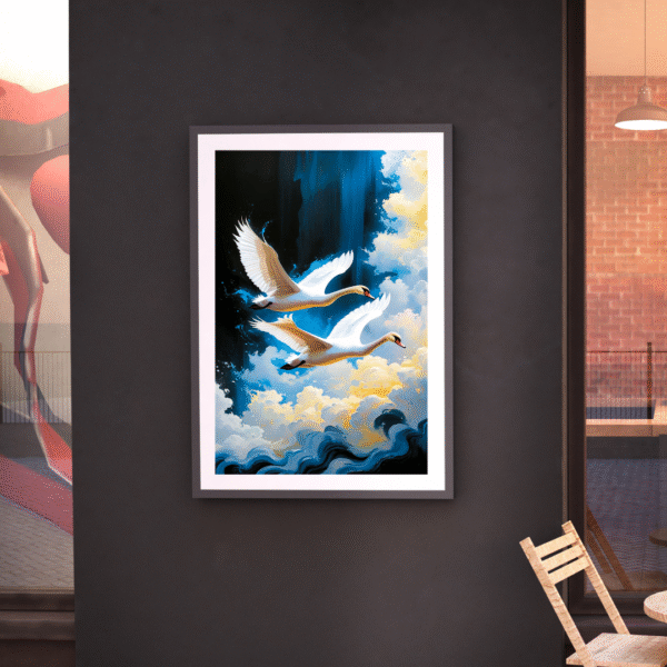 Wings of Tranquility – Swan Canvas Wall Art Print | Soaring White Swans Over Clouds | Unframed Nature-Inspired Canvas Print - Image 8
