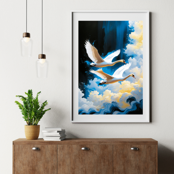 Two white swans flying through golden clouds against a deep blue sky – unframed canvas wall art