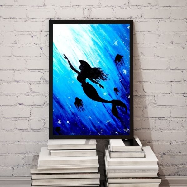 Enchanted Mermaid – A4 Framed Fantasy Wall Art Print in Dreamy Blue | Underwater Ocean Silhouette | Black & Beige Frame Options | Ready to Hang - Image 3