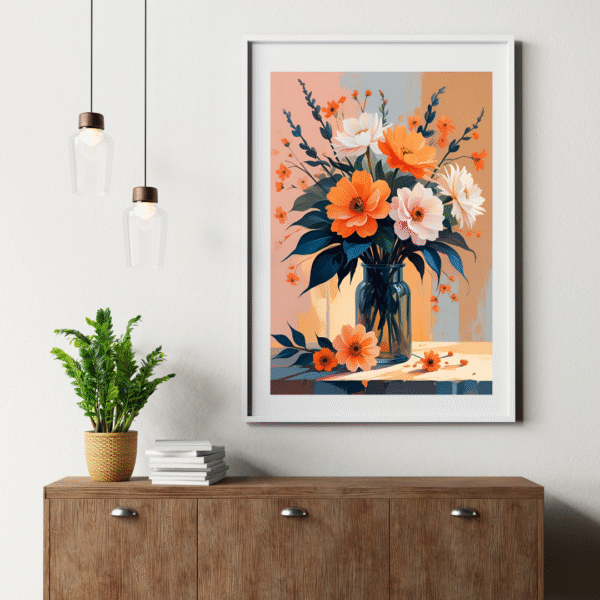 Modern floral wall art with orange and white flowers in a glass vase