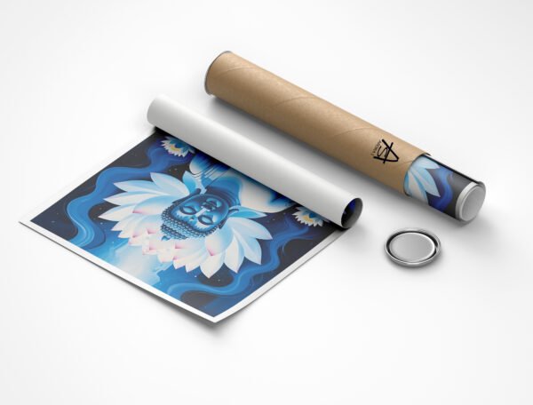 Buddha Canvas Wall Art – Blue Meditative Buddha Painting with Lotus Flowers for Spiritual Home Decor | Unframed Rolled Canvas Print - Image 9