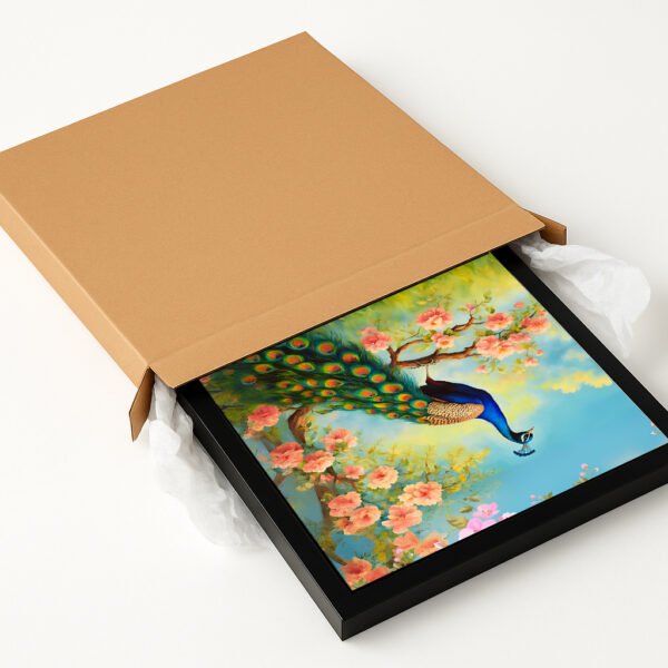 Majestic Peacock in Spring Garden – A4 Vastu Wall Art Print with Floral Blossoms | Framed Nature-Inspired Home Décor (Black & Beige Frame Options) - Image 7