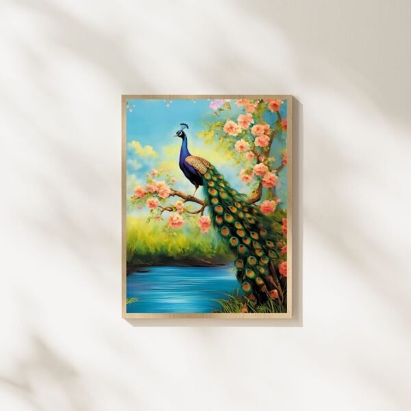 Majestic Peacock in Spring Garden – A4 Vastu Wall Art Print with Floral Blossoms | Framed Nature-Inspired Home Décor (Black & Beige Frame Options) - Image 8