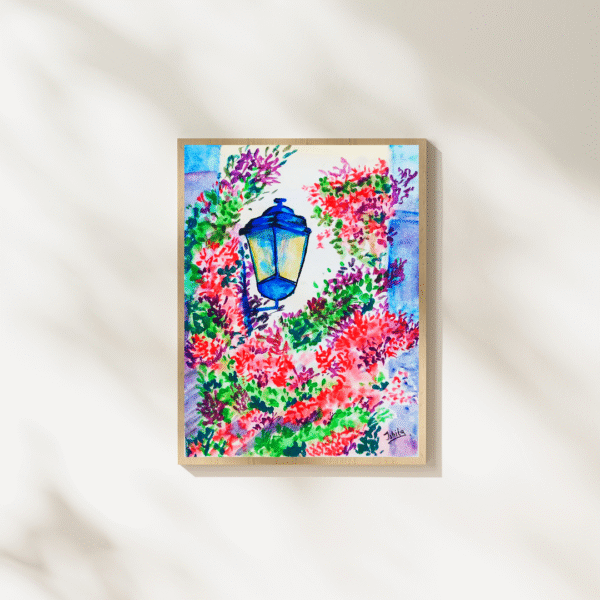 Blooming Alleyway Lantern – A4 Framed Watercolor Floral Wall Art Print Featuring Street Lantern and Colorful Blossoms - Image 2