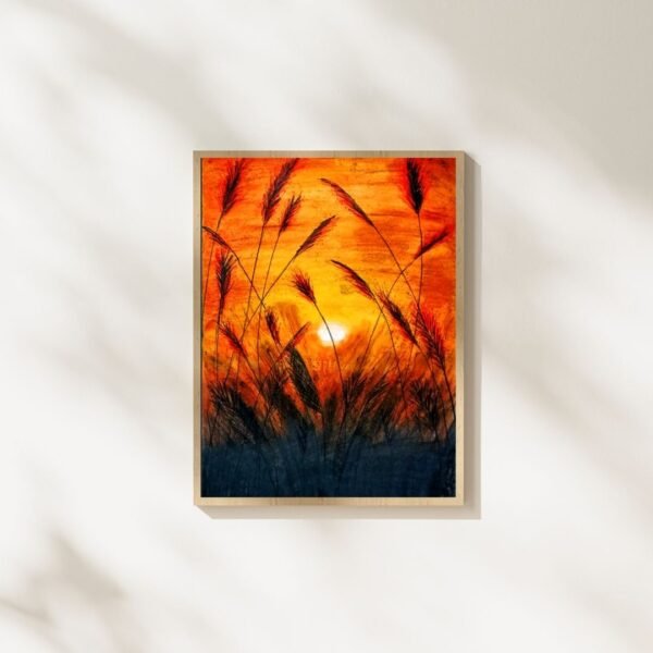 Silhouetted wild grass against a glowing orange sunset, framed A4 wall art print titled Golden Dusk
