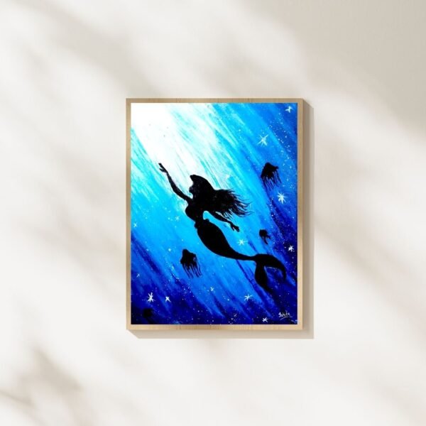 Framed mermaid silhouette wall art in blue underwater fantasy scene with jellyfish and stars, A4 size