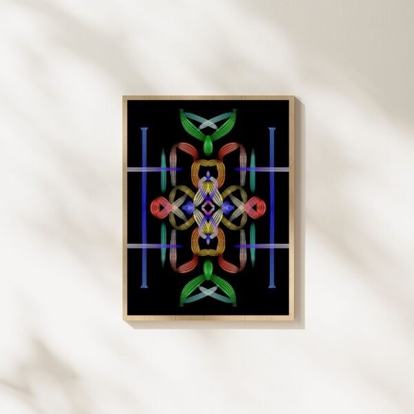 Sacred Geometry Rainbow Wall Art with colorful symmetrical design in a beige frame on black background.