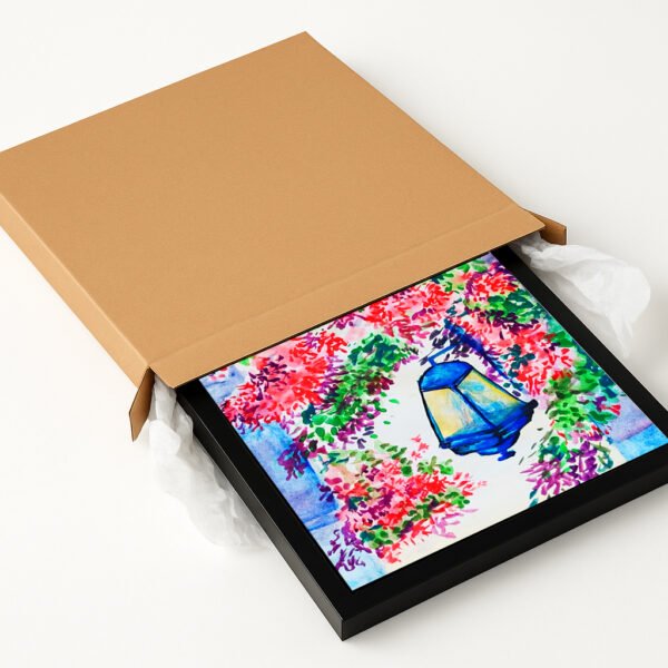 Blooming Alleyway Lantern – A4 Framed Watercolor Floral Wall Art Print Featuring Street Lantern and Colorful Blossoms - Image 3