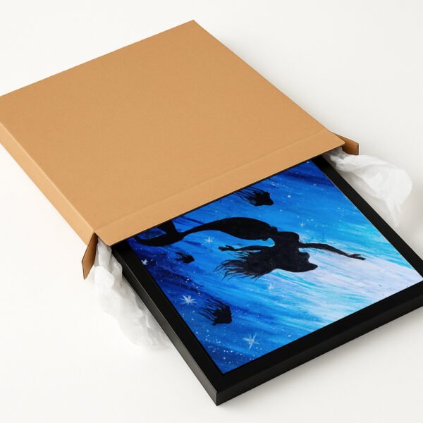Enchanted Mermaid – A4 Framed Fantasy Wall Art Print in Dreamy Blue | Underwater Ocean Silhouette | Black & Beige Frame Options | Ready to Hang - Image 8